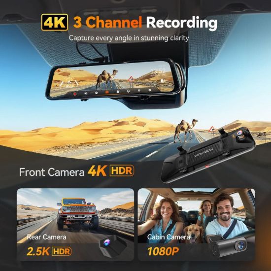 Picture of WOLFBOX G900 TriPro 3 Channel Cabin Version , 12"""" 4K+2.5K Mirror Dash Cam, Smart