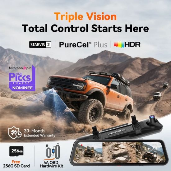 Picture of WOLFBOX G900 TriPro 3 Channel Bumper Version, 12"""" 4K+2.5K Mirror Dash Cam, Smart