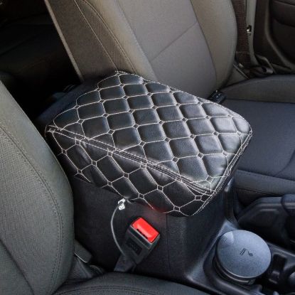Picture of Jeep Wrangler JL 18-19 Center Console Premium Cover Double Diamond Black W/ White Stitching